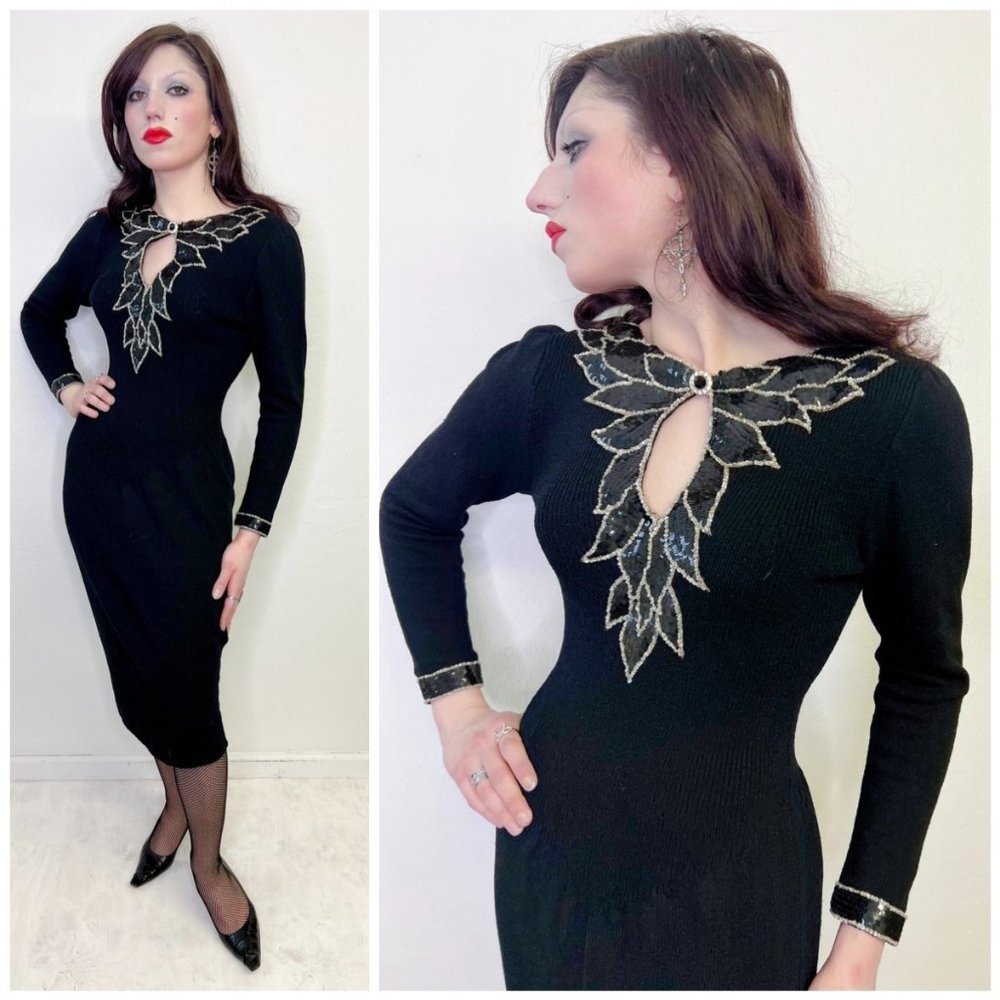 Vintage 70s 80s Knit Black Rhinestone Cocktail Dress S Small Deco Formal Wiggle